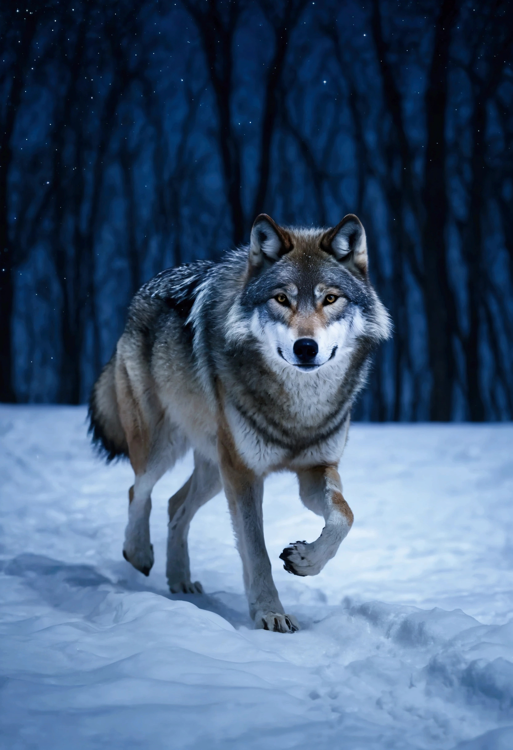 Wolf runs across a snow-covered glade, Moon and stars are shining