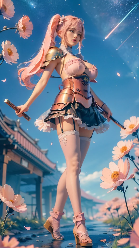  young woman, warrior,wielding a katana_weapon:1.3, very detailedな, realisti,seductive smile,((  Looking at the Subject from Below :1.2)), ((Crouching and standing up,  feet :1.3)),  Brilliant Appearance , Creative Action,  extremely detailed, Imaginative,  sensual, spontaneous ,  top quality ,  skin texture, ((absurdly long hair,twintails)),((Pastel pink:1.6)), (led eyes), toned body ,(huge breasts:1.3), plump thighs, ( white pink armor with a cosmos flower pattern engraved ),(( leather samurai armor knight)), bikini type design that emphasizes chest exposure ,(sideboob),  Wear a white pink cape with a cosmos flower pattern , ((ruffled skirt:1.3)), White shin guard with a cosmos flower pattern engraved on it , Black high-leg underwear ,  Black Tights ,  absolute domain,  Intricate Details  , (( blue sky)),((Meteor shower:1.3)),(()), ((Cosmos flower petals background:1.3)), ((Cosmos flower petals:1.3)), ((Cosmos flower petals dancing in the wind:1.3)),( Cosmos flowers in full bloom ),(前面に Cosmos flowers in full bloom ), (confetti),  RAW photos , 8k, masterpiece,  top quality , ultra detail, very detailed,  Intricate Details  , high res,超 Intricate Details , very detailed 8k cg wallpaper,