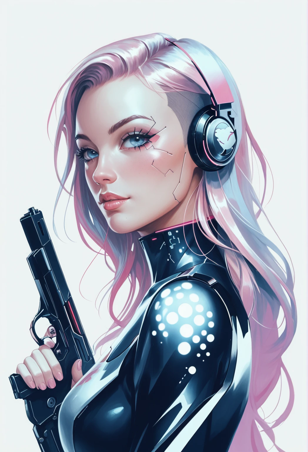  a close up of a woman with a gun and headphones,  cyberpunk art inspired by Rossdraws ,  art station , arte digital, dreamy Chica cyberpunk, cute Chica cyborg, cyberpunk art style, Chica cyborg, Chica cyberpunk, cyberpunk anime girl, digital cyberpunk art - anime , cyberpunk beautiful girl,  digital art place of cyberpunk anime , Cyborg - Girl, female cyberpunk anime girl