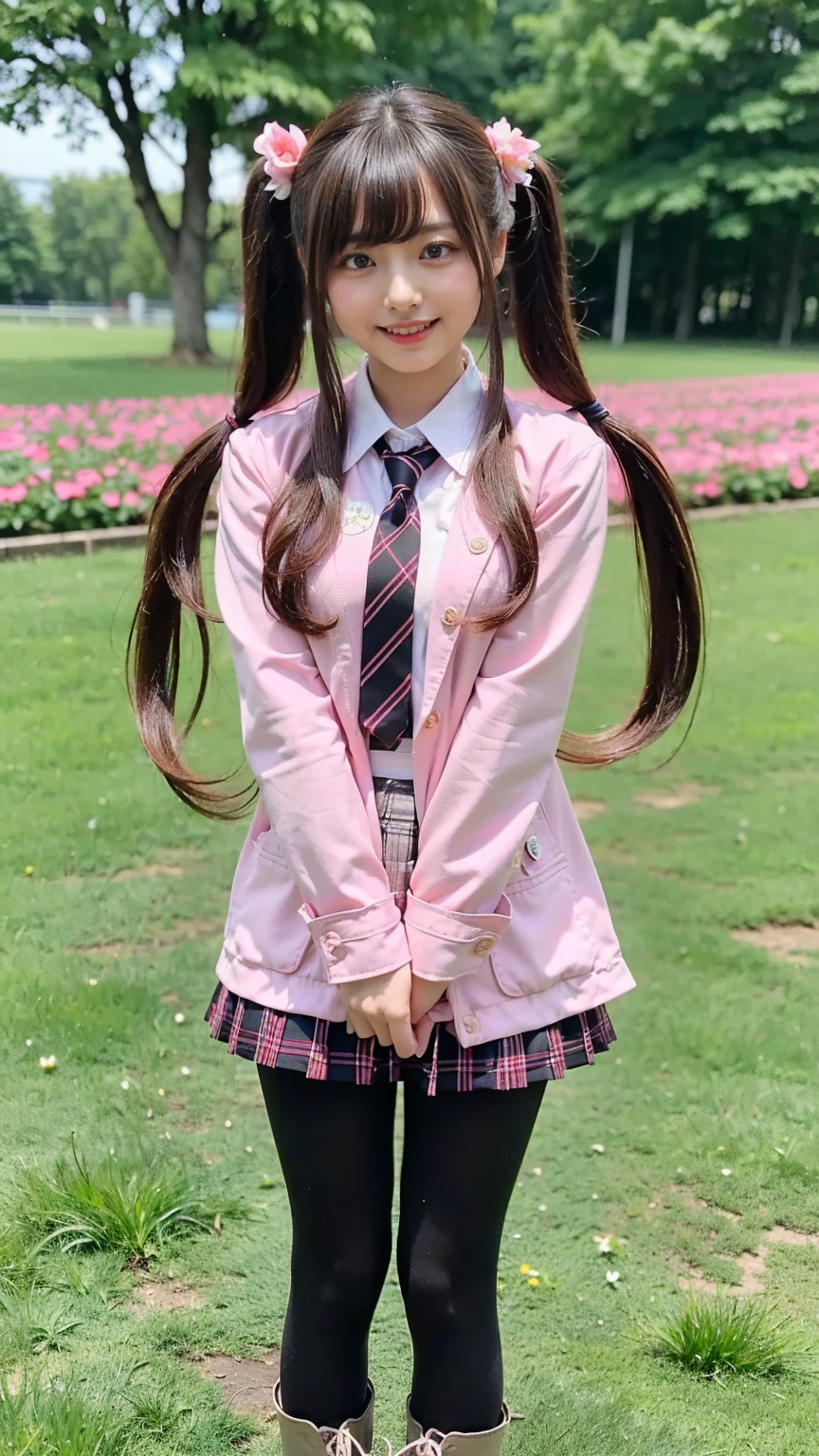 (8k、     RAW photos   、   top quality、masterpiece   :1.2)、(   realistic  、   realistic  )、1 person、((bangs、 twin tails、 ties、、tights、 boots、 Pink Jacket 、 Long Sleeve 、smile、whole body、 Black Plaid Mini Skirt、 shows shoulders、Flower Field、Narrow waist、 curled hair 、  standing facing you   )、 cute