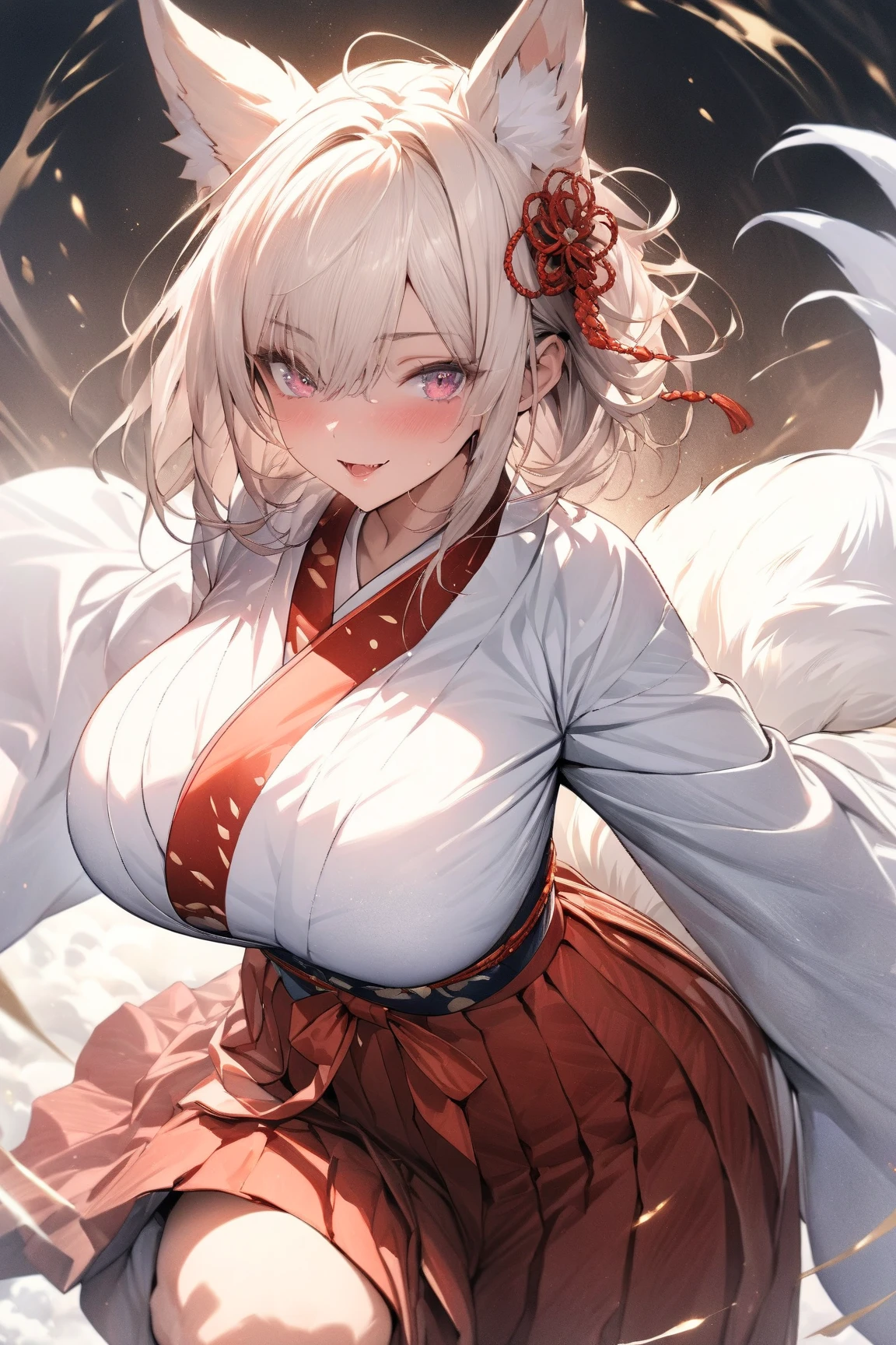 (Silver hair, (Samurai Girl), red moon, snowy background, beautiful breasts