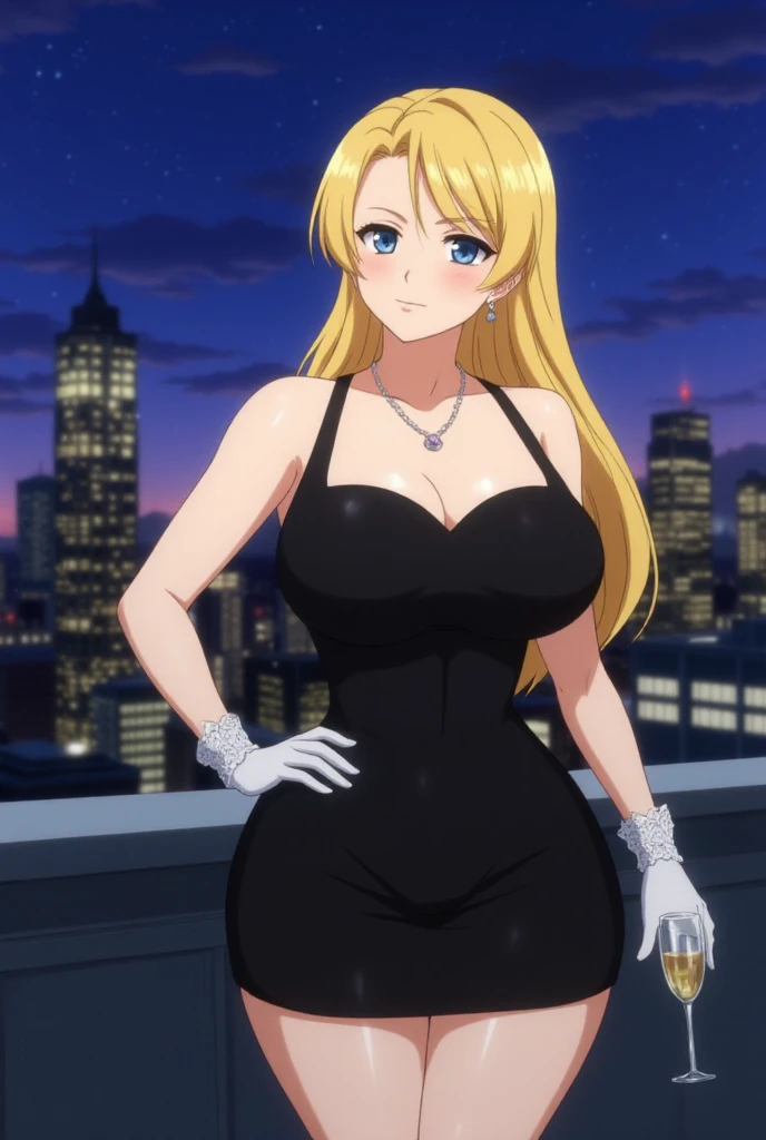 score_9, score_8_up, score_7_up, score_6_up, score_5_up, score_4_up,
source_anime, realistic,
1 girl, standing, holding Champaign glass, terrace, city, night,
BREAK
ReikaKurashiki, solo,
large breasts, milf, mature woman,
blonde, long hair, blue eyes, earrings, 
black dress, sleeveless, bare shoulders, white lace gloves, necklace, 
subtle smile,