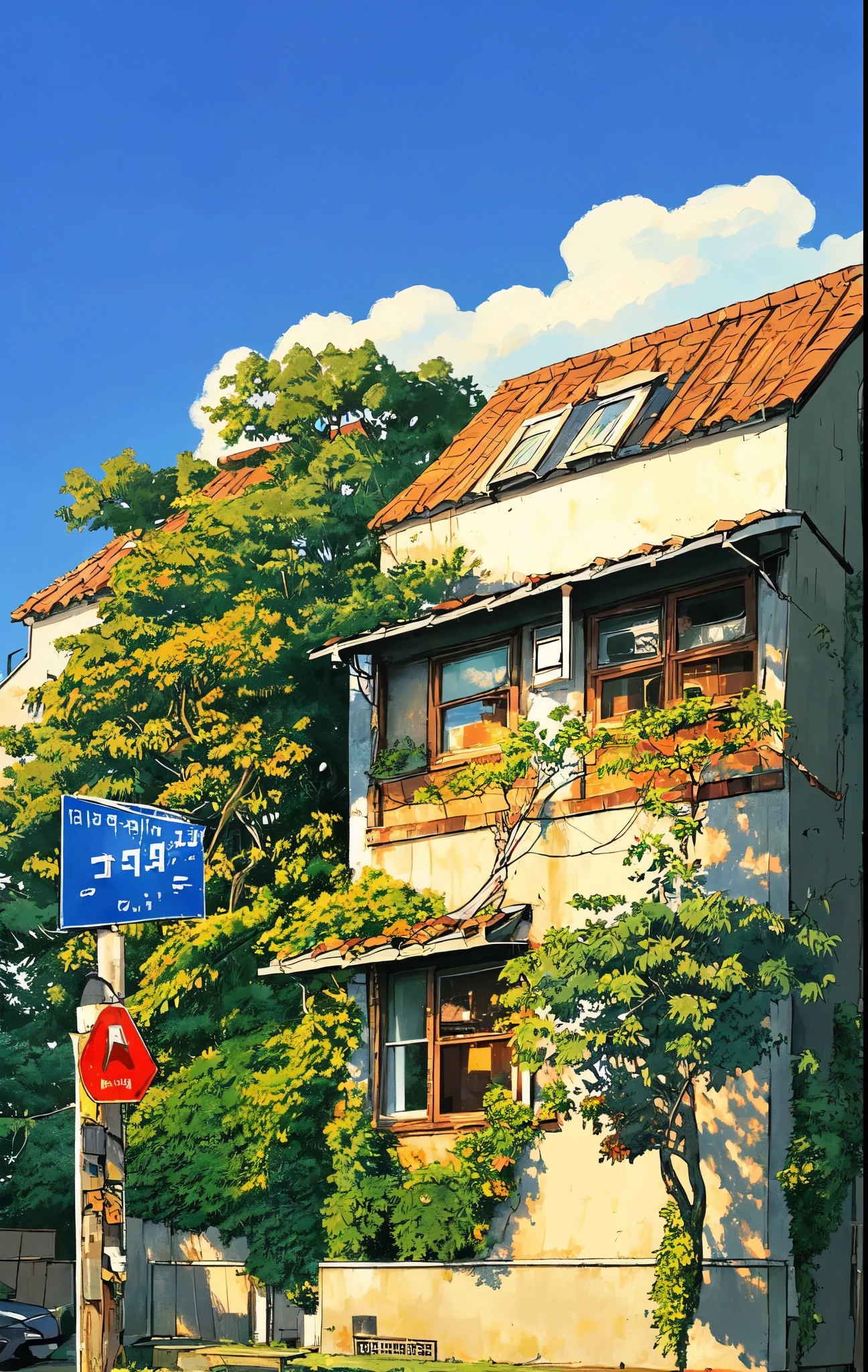 tree, no human, sight, Outdoor, sky, cloud, Low building , sign, house, window, plant, 흐린 sky, bush, sunset