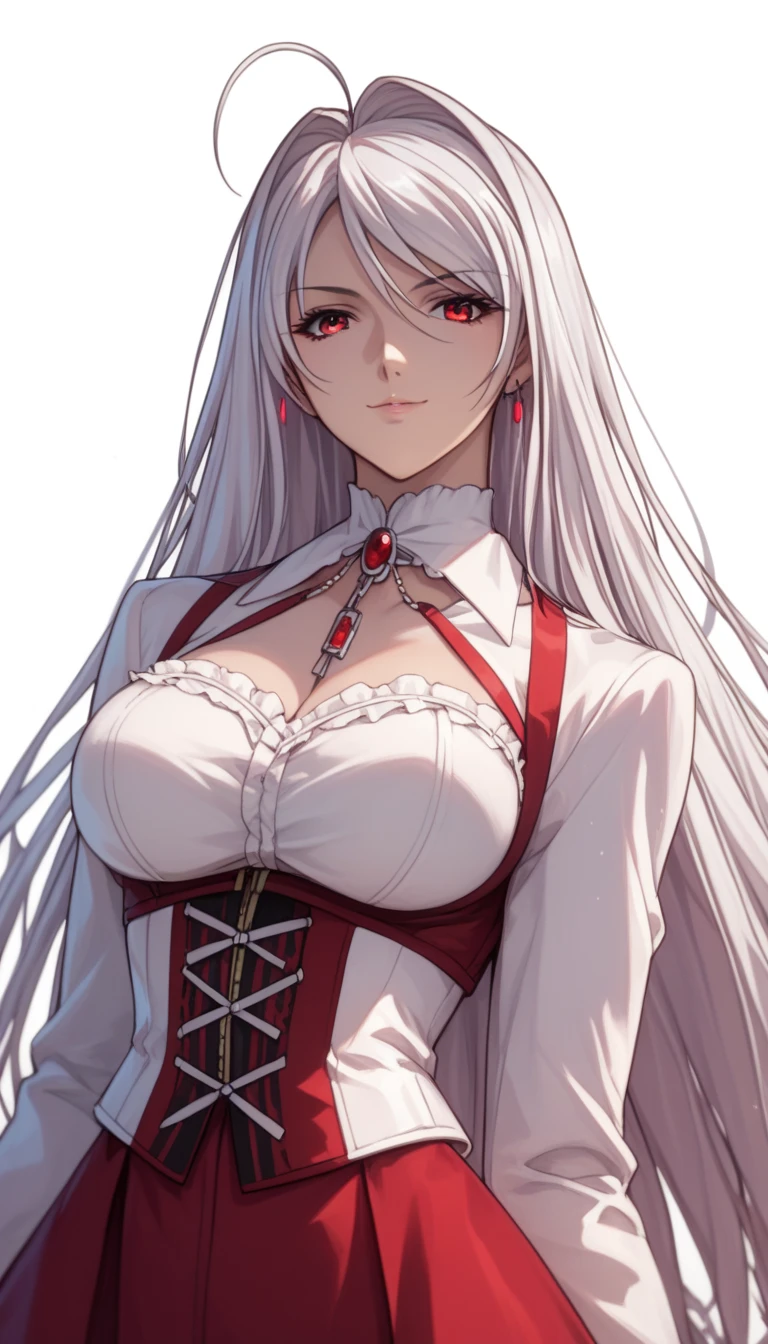 vampire moka akashiya, long hair, red eyes, ahoge, white hair, large breasts, lolita fashion v1, light smile,Shiny Hair、Tight waist、Small waist、Glowing Skin、(white background:1.2)、eight-headed body、Beauty、