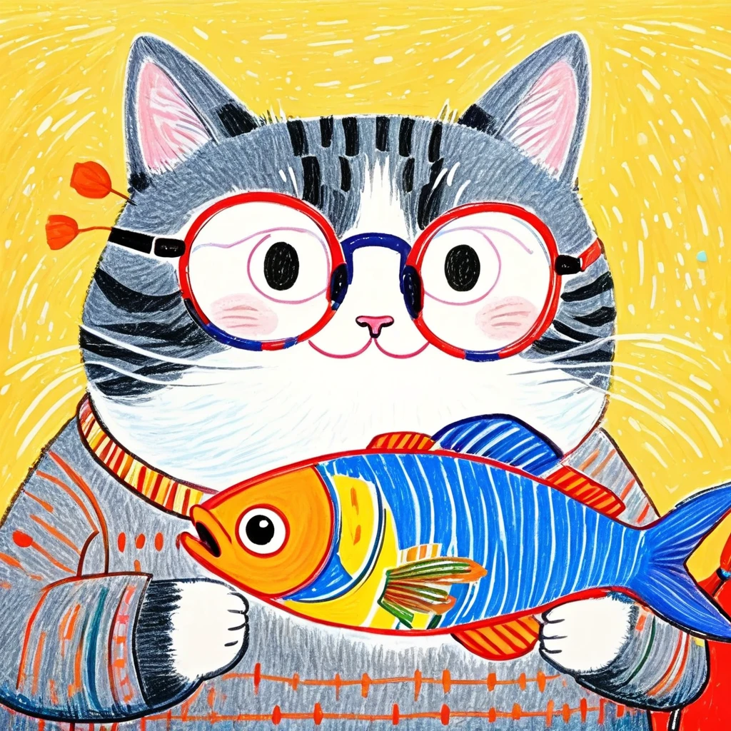 painting，Crayon Drawing，painting棒。Childish Art，Cartoon插画，Lovely style ，Folk Art：Cartoon：1.5.Fat cat with glasses holding a fish，Raw Edge ， Grainy ，Low Fidelity
