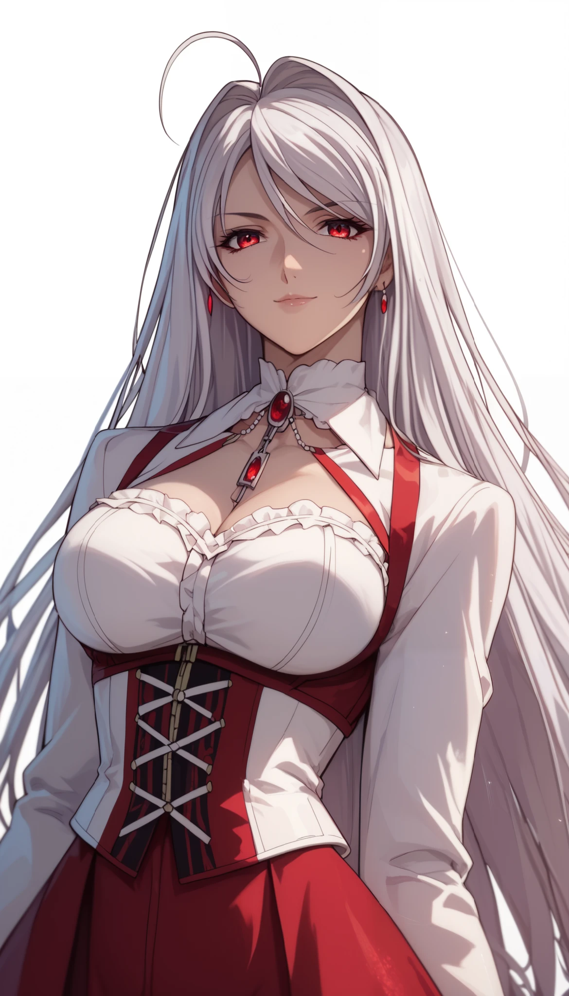 vampire moka akashiya, long hair, red eyes, ahoge, white hair, large breasts, lolita fashion v1, light smile,Shiny Hair、Tight waist、Small waist、Glowing Skin、(white background:1.2)、eight-headed body、Beauty、