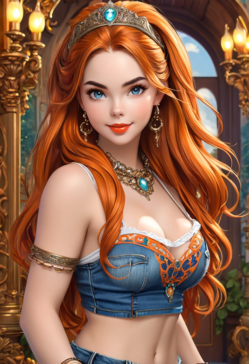 extremely beautiful model, 20 years old female, skandinavian, long bright orange hair, realistic, perky breasts, cleavage, crop top, ripped jeans, Midriff, Wide Smile, Eyes Detailed & Wide, Dynamic Pose. Hoop earing, arm bangles, headband scarf, Ultra HD, Rococo-Inspired Fantasy Art With Intricate Details. Cute, red lips, long lashes,Charming Expression, Alluring-Gaze, looking at viewer, Beautiful Eyes, An-Ideal-Figure. Large Youthful Well-Shaped-Breasts, Attractive ass showcased. Massive-Round-Bosom, Décolletage. McKayla Maroney
