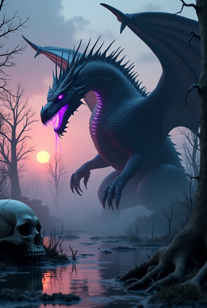 A 4K, anatomically correct, masterpiece of a dark fantasy digital artwork featuring a menacing, black dragon with glowing purple accents. The dragon has large, bat-like wings with sharp, jagged edges and a long, spiked tail, with intricate, high-detailed texture and muscles visible under its scaly skin. Its eyes and parts of its body emit a sinister purple glow, adding to its fearsome appearance. The dragon is perched on a large, skull-shaped rock in a desolate, swamp-like landscape with dead trees and a murky, foggy atmosphere, enhancing the eerie and ominous mood of the scene. The overall color palette is dark and muted, with shades of black, gray, and purple ting the image. In the bottom left corner, the artist's signature 'IG' and 'Artvision' are discreetly displayed, adding a touch of authenticity to the foreboding artwork.
