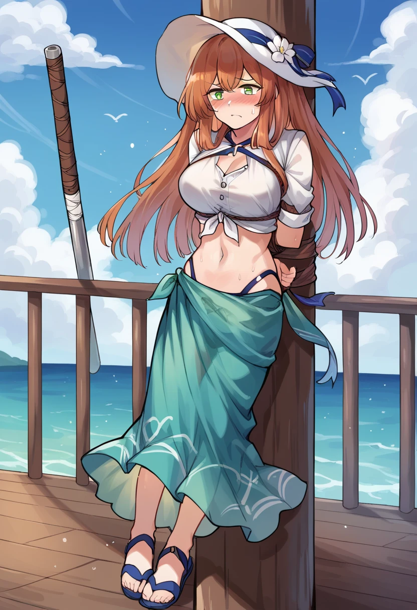 score_9, score_8_up, score_7_up, springswim,  1girl,  green eyes, auburn hair, tied shirt, sarong, highleg bikini, large breasts, midriff, navel, sandals, white shirt, side locks, hat flower, hat ribbon, cross-cross halter, ((Hand tied behind)), arms behind back, sweat, worried, scowl, shy, blush, poletied, tied to pole, on the ship, ocean, young adult, 20 years old,