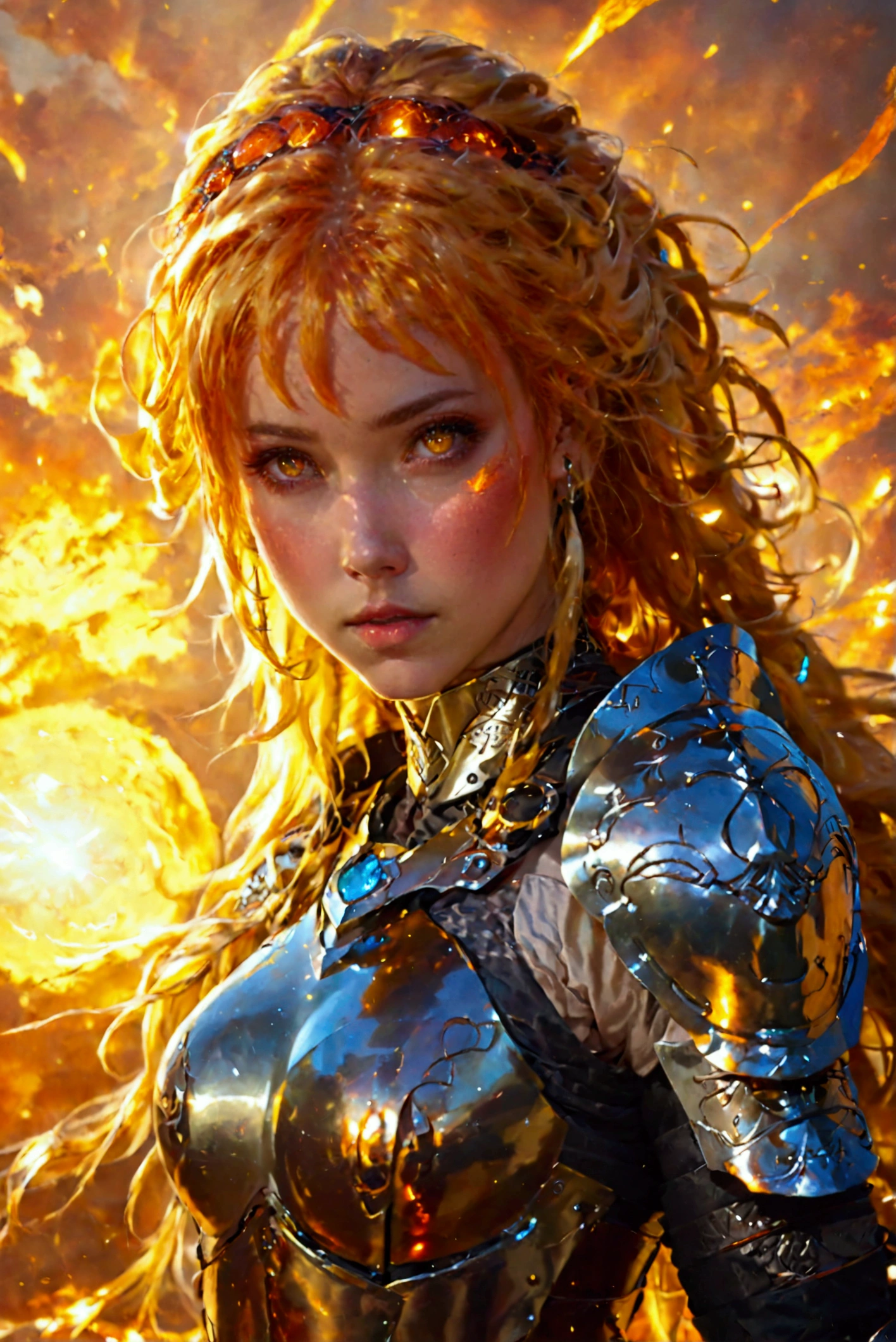 1girl, Solo, High Resolution, Long Hair, Yellow Hair, Orange Eyes, Parted Lips, Body Armor, From Below, Halo, Shield, Fire Energy Effect, Orange Energy, Greatsword, From Below, Backlighting, Sunset, Best Quality, Bangs, Ribbon, Hair Between Eyes, Jewelry, Streaked Hair, Earrings, Hoop Earrings, Bright Pupils, Serious,Speed Lines, Anime Style, Anime, Full Body