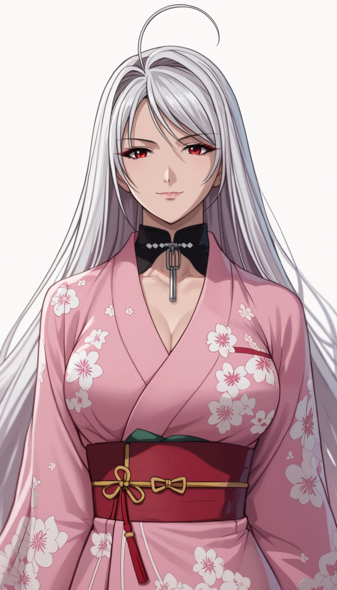 vampire moka akashiya, long hair, red eyes, ahoge, white hair, large breasts, ruanyi0712,floral print,pink kimono,obijime,wide sleeves, light smile,Shiny Hair、Tight waist、Small waist、Glowing Skin、(white background:1.2)、eight-headed body、Beauty、