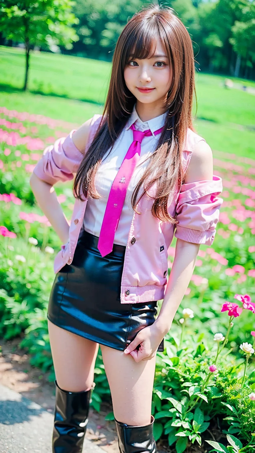 (8k、     RAW photos   、   top quality、masterpiece   :1.2)、(   realistic  、   realistic  )、1 person、((bangs、 ties、Short sleeve、 boots、 Pink Jacket 、smile、whole body、 black tight mini skirt、 shows shoulders、Flower Field、Narrow waist、Stand with hands on hips、 standing facing you   )、 cute