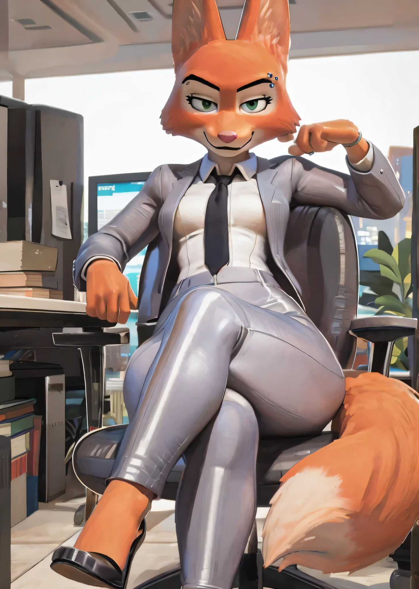 ((Diane Foxington)), ((masterpiece)), ((pixelsketcher)), ((high resolution)), ((3d rendered art)), ((cartoon style)), ((solo portrait)) {(attractive figure), (slim waist), (thick thighs), (orange fur), (pink nose), (black lips), (fox tail), (cute green eyes), (long eyelashes), (cute smirk)}, {(grey pantsuit), (black tie), (black heels), (eye piercing on left eye)}, {(sitting), (crossed legs), (looking at viewer)}, ((office))