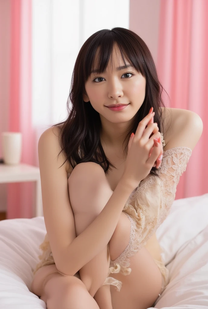 ( Girl lying on bed)，((8K、RAW photo、highest quality、masterpiece:1.3))、(realistic、Photoreal:1.37)、Super detailed、ultra high resolution、1 girl、see the beholder、beautiful and detailed face、laughter、narrow、(slim waist) :1.3)、(((full nude)))、beautiful 、skin texture、floating hair、professional lighting、((spread your legs))