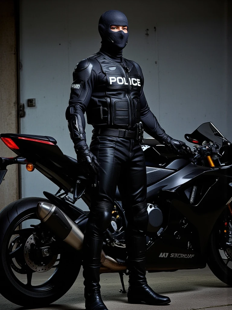 A full-body image of a muscular adult male dressed in police tactical gear, PTU-style, wearing a black leather full-body suit, balaclava,RIDING GLOVES and racing boots. The sleek leather outfit provides full coverage, exuding a dark and intense atmosphere. The scene is illuminated by low light, casting dramatic shadows that enhance the mysterious and powerful presence. He stands beside a heavy-duty police motorcycle, ready for action. The composition emphasizes his commanding stance and the tactical precision of his gear,Future City Technology,blending a sleek, futuristic aesthetic with a gritty, law enforcement vibe.Cyberpunk city streets.Neck Collar

