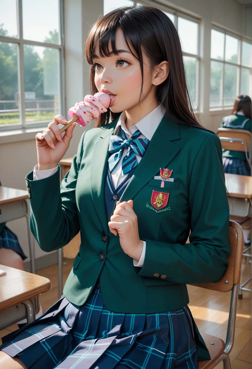 a woman in a green uniform, eating ice cream, wearing a school uniform, japanese girl school uniform, japanese school uniform, school uniform, JK uniform, magic school uniform, girl in uniform, wearing a school uniform, a hyper realistic schoolgirl, magic school uniform, cute schoolgirl, wearing japanese school uniform, realistic schoolgirl, dressed as a schoolgirl