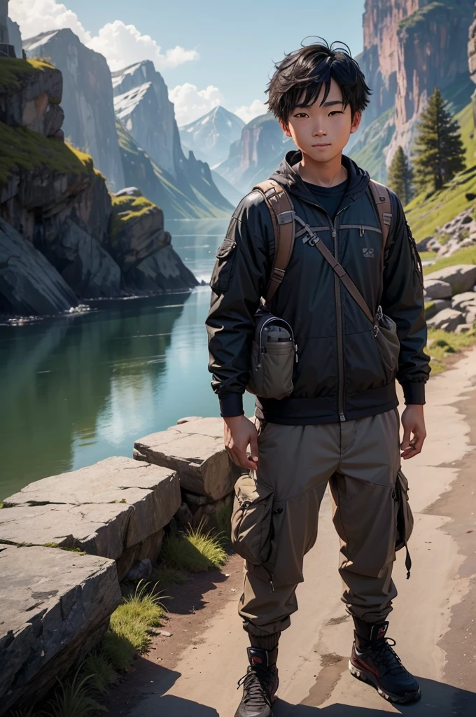 Boy sitting on a rock on a mountain peak, low pixels left 