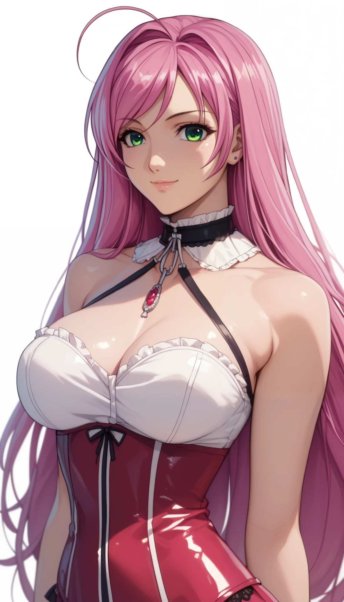 normal moka akashiya, long hair, green eyes, pink hair, ahoge, large breasts, lolita fashion v1, light smile,Shiny Hair、Tight waist、Small waist、Glowing Skin、(white background:1.2)、eight-headed body、Beauty、