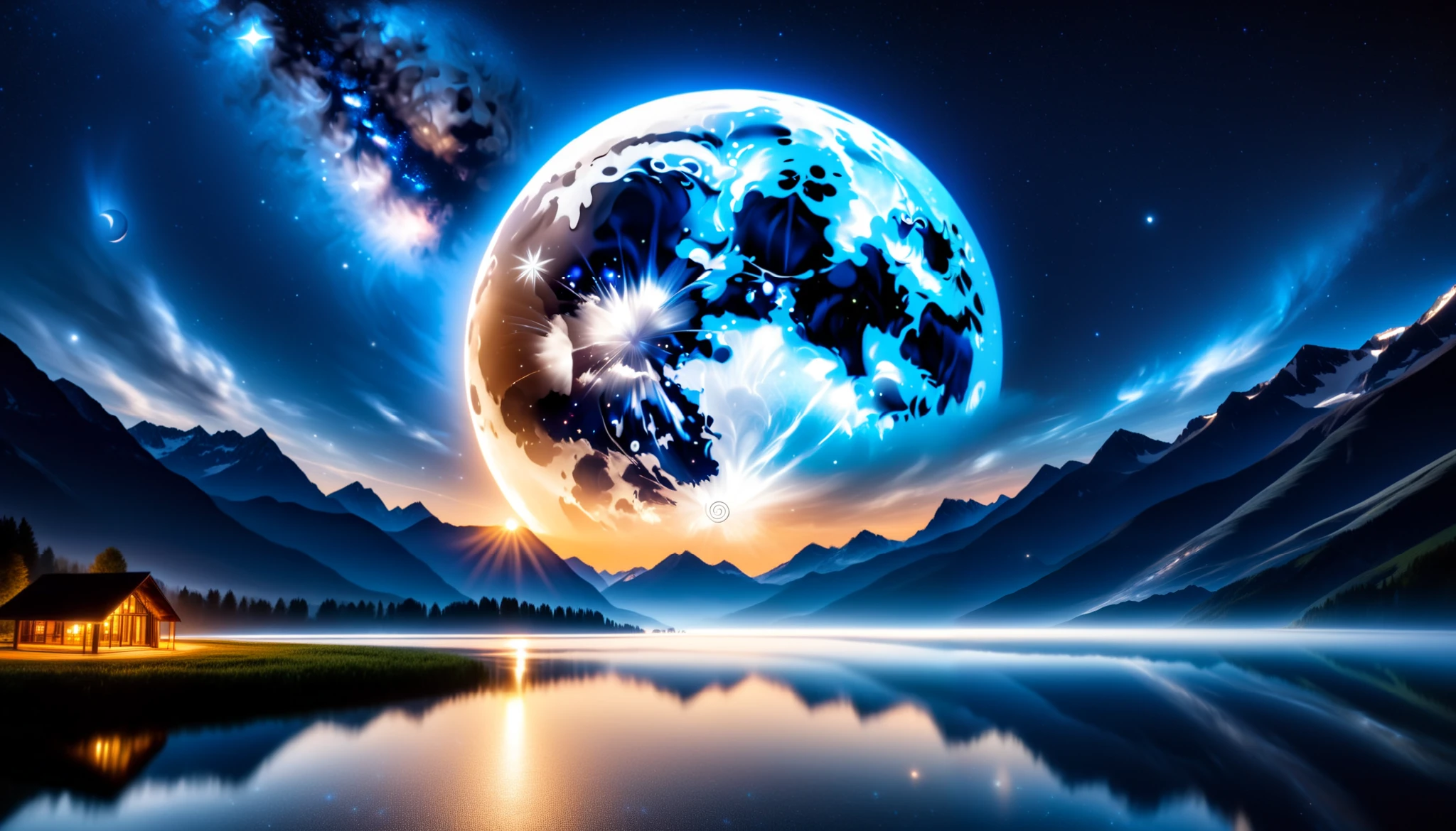 ( Huge Blue Moon ), super high image quality, high definition , High Quality ,Spectacular views,Night Sky,（Milky Way Galaxy）,The Alps,The giant moon and stars moving to the lake々,