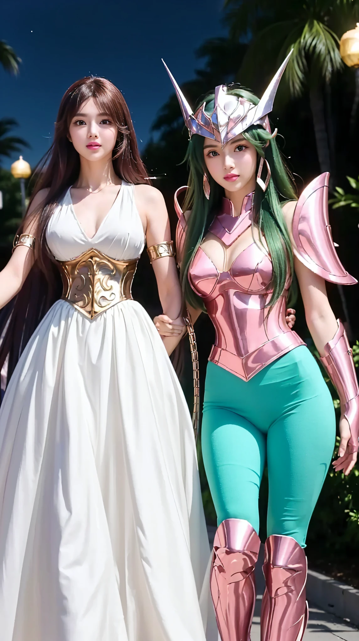 two women dressed in costumes are walking down a sidewalk, large breaste, sexy body, thiny pink lips glow, anime cosplay, lady palutena, cosplay, knights of zodiac girl, glamourous cosplay, palutena, publicity cosplay, saint seiya, queen and ruler of the universe, portrait knights of zodiac girl, full-cosplay, cosplay journal cover, elegant glamourous cosplay, professional cosplay, anime goddess