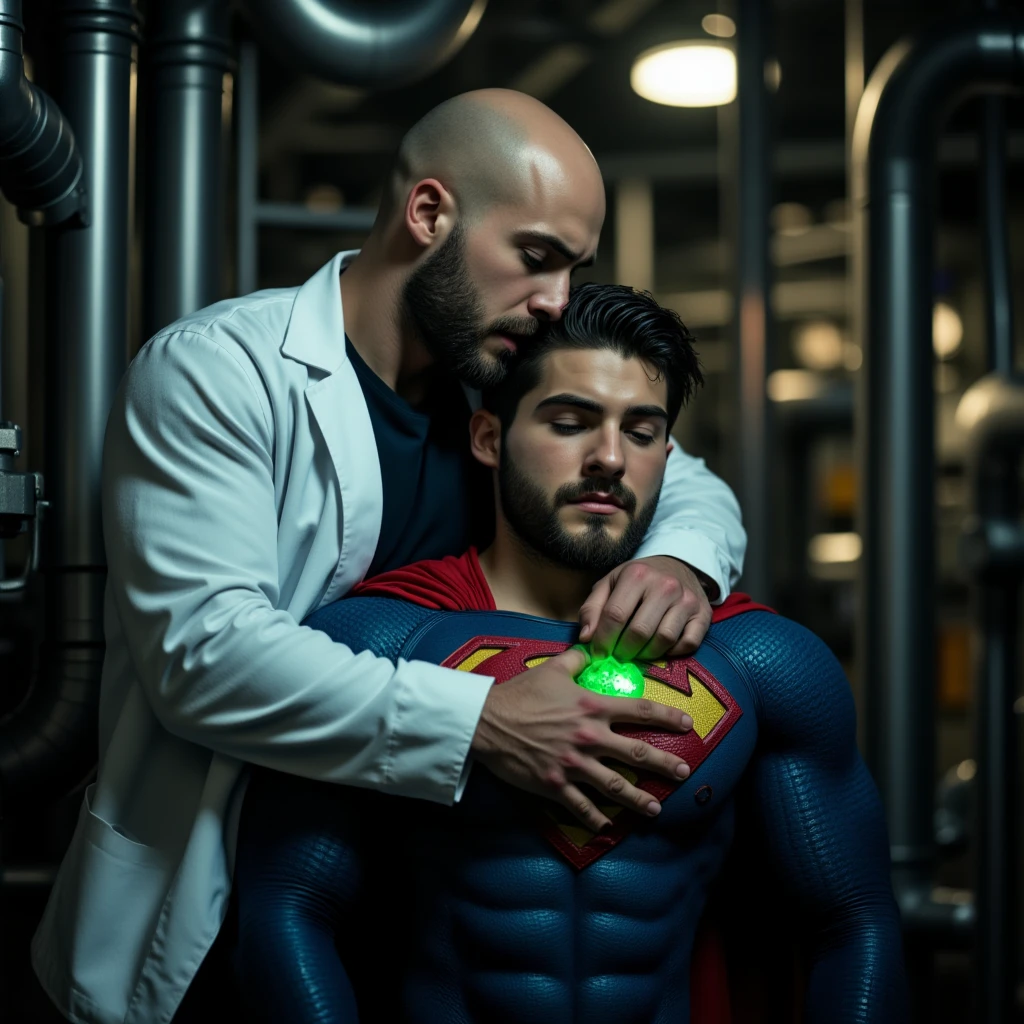 two men in a dimly lit industrial setting. The man on the left is bald, wearing a white lab coat, and has a serious expression. The bald man huggs Cody Christian from behind, Cody Christian, who is dressed in a blue superman costume with a red cape and a yellow belt, a glowing emerald green crystal pendant hanging from his neck. The superhero has dark hair and a beard, and appears unconscious or weakened, with his head resting against the other man's chest. The setting includes industrial pipes and machinery, adding to the tense atmosphere. The lighting is moody, with shadows accentuating the scene's intensity.