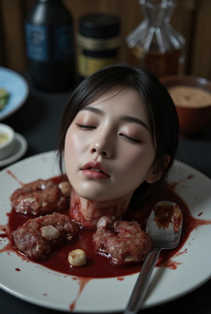   place the head of a decapitated woman , Asia,  Less blood stains   , ((  with eyes closed )),   like a dish on a plate  , Bloody,  actual , 4K, Nikon, fear