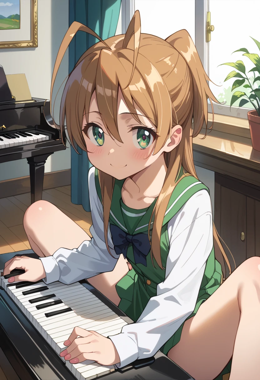 (( top quality )), ((masterpiece)), (be familiar with), perfect face, indoor, bedroom,  Watching Viewers ,
One woman, Miyamoto Rei,
開いた口,  ecstatic expression beside the piano, blush, smile,
 small ,  flat chest, Young girl, Lori,  ,  girl,
 long hair,  ponytail,
Leg spread,