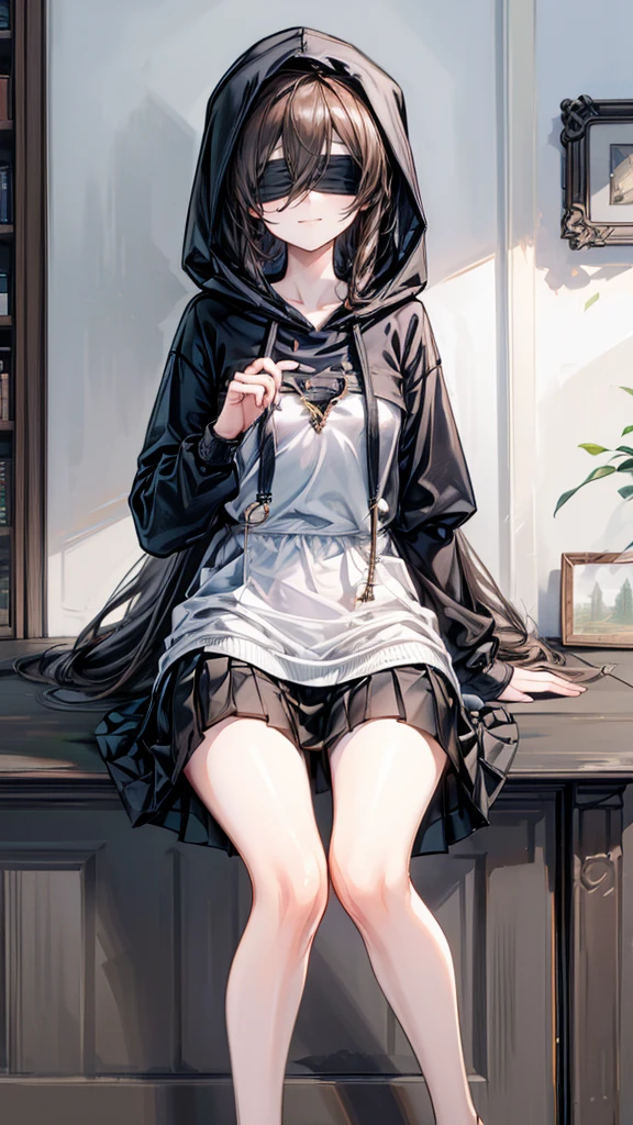 ((True best masterpiece, Ultimately perfect quality, Extremely delicate details)), (Blindfold, Hoodie, Skirt), A skinny girl with small bust, With a blindfold, Wearing a white hoodie, Wearing a black skirt, Casual coordination, Smiling, Sitting down on the bed, Modern interior