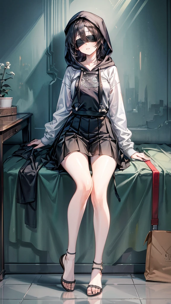 ((True best masterpiece, Ultimately perfect quality, Extremely delicate details)), (Blindfold, Hoodie, Skirt), A skinny girl with small bust, With a blindfold, Wearing a white hoodie, Wearing a black skirt, Casual coordination, Smiling, Sitting down on the bed, Modern interior