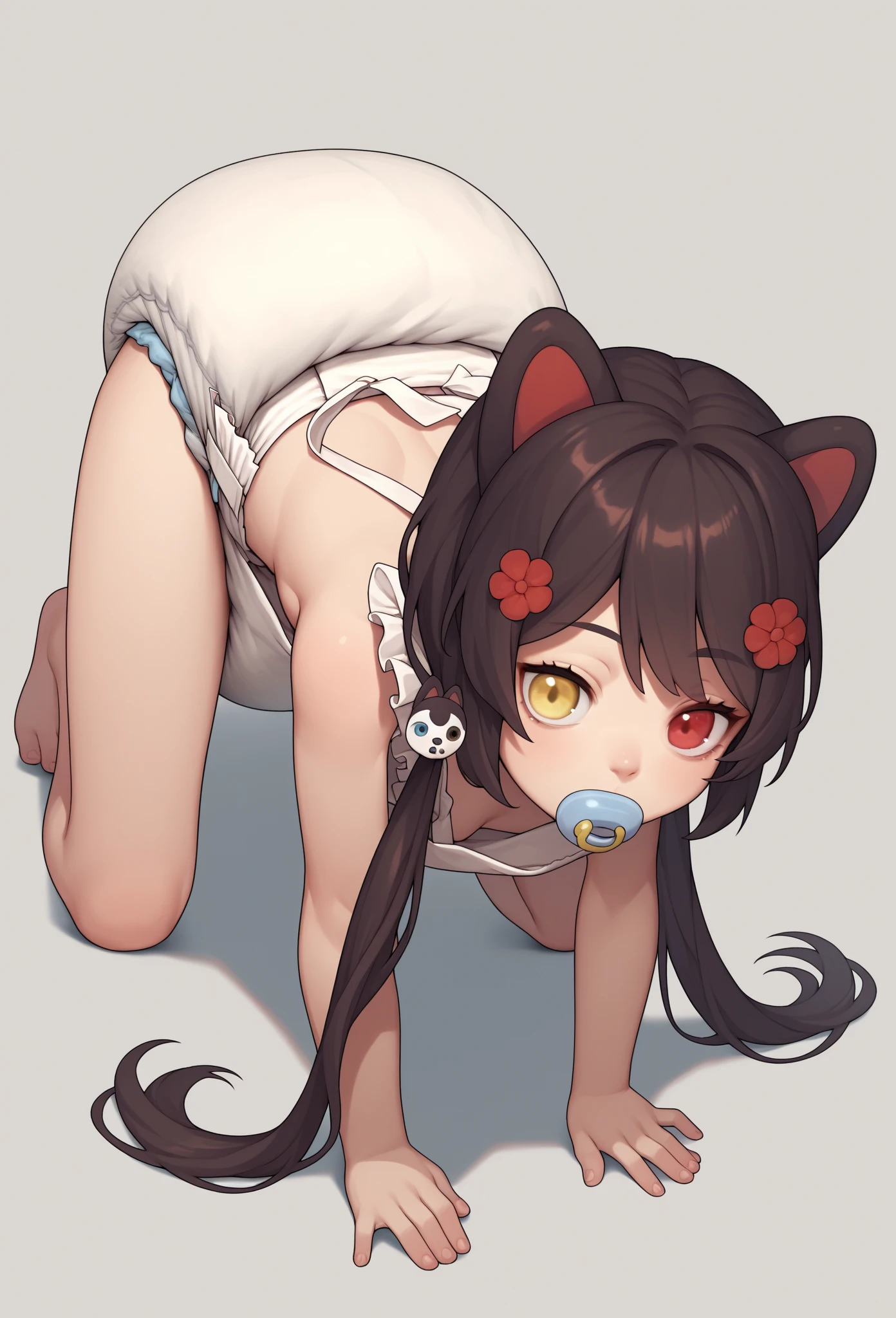 score_9, score_8_up, score_7_up, source_anime, it1, dog girl,  heterochromia , yellow eyes, red eyes, animal ears, dog ears, brown hair, black hair, long hair, twintails, low twintails, flower, hair flower, red flower, hair ornament,

Wearing a poopy diaper,Pooping in a diaper,pacifier, Age Play,Buy baby clothes,bib,Naked Apron,On all fours,Maid, diaper stained a deep brown