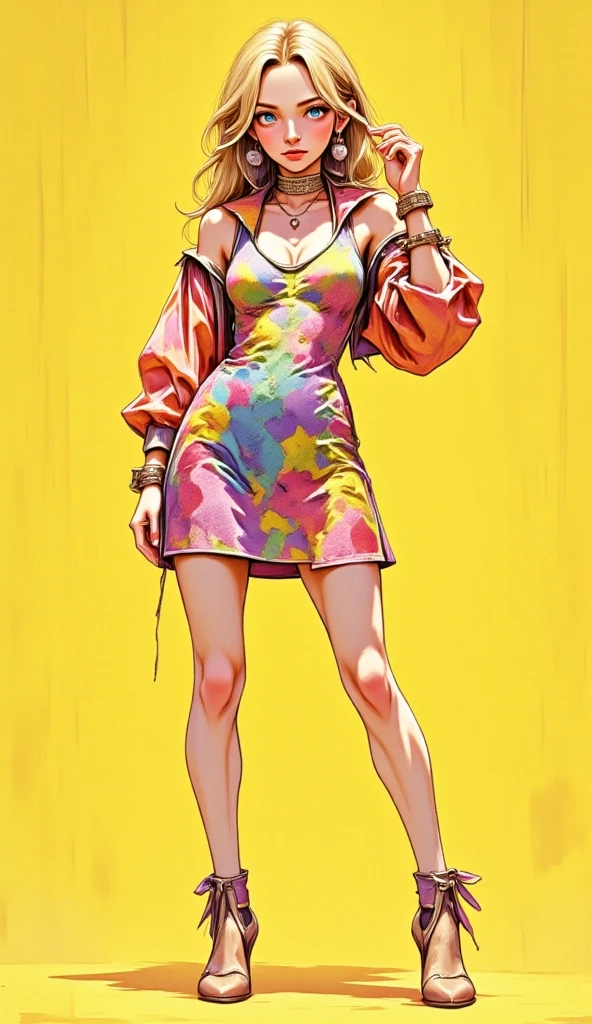 woman painting pinup style, Vergas style, hyper realistic, multi layer painting, with shiny socks, high heels and flowing long hair
