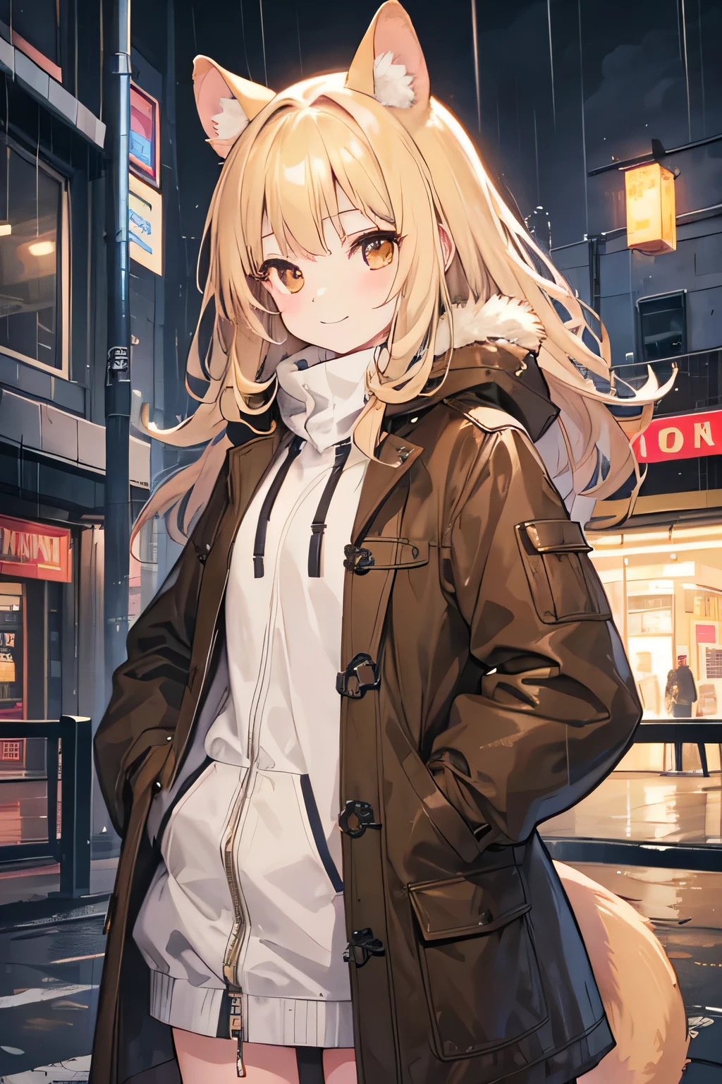Anime girl with long blonde hair and a cat ears standing in front of a ...