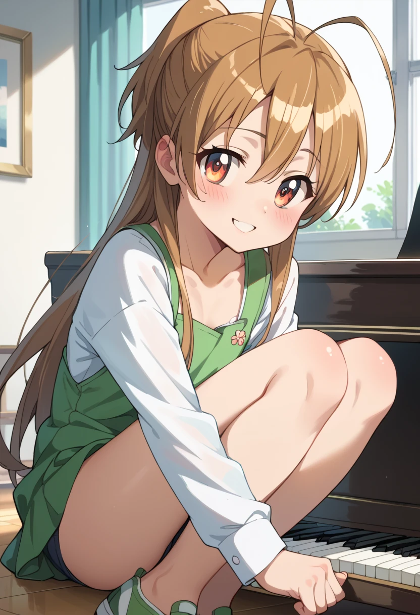 (( top quality )), ((masterpiece)), (be familiar with), perfect face, indoor, bedroom,  Watching Viewers ,
One woman, Miyamoto Rei,
開いた口,  ecstatic expression beside the piano, blush, smile,
 small ,  flat chest, Young girl, Lori,  kids,  girl,
 long hair,  ponytail,
Leg spread,