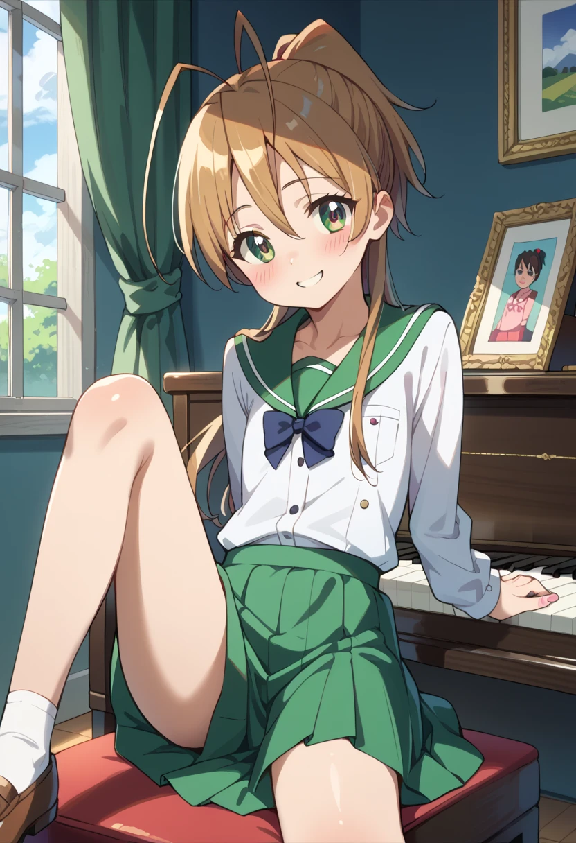 (( top quality )), ((masterpiece)), (be familiar with), perfect face, indoor, bedroom,  Watching Viewers ,
One woman, Miyamoto Rei,
開いた口,  ecstatic expression beside the piano, blush, smile,
 small ,  flat chest, Young girl, Lori,  ,  girl,
 long hair,  ponytail,
Leg spread,