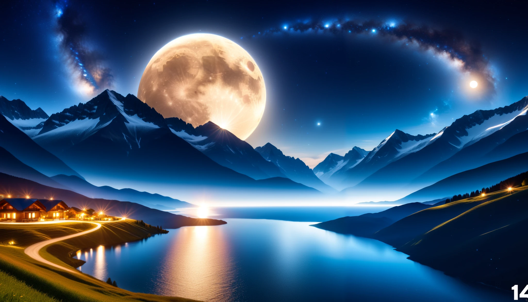 ( Huge Blue Moon ), super high image quality, high definition , High Quality ,Spectacular views,Night Sky,（Milky Way Galaxy）,The Alps,The giant moon and stars moving to the lake々,