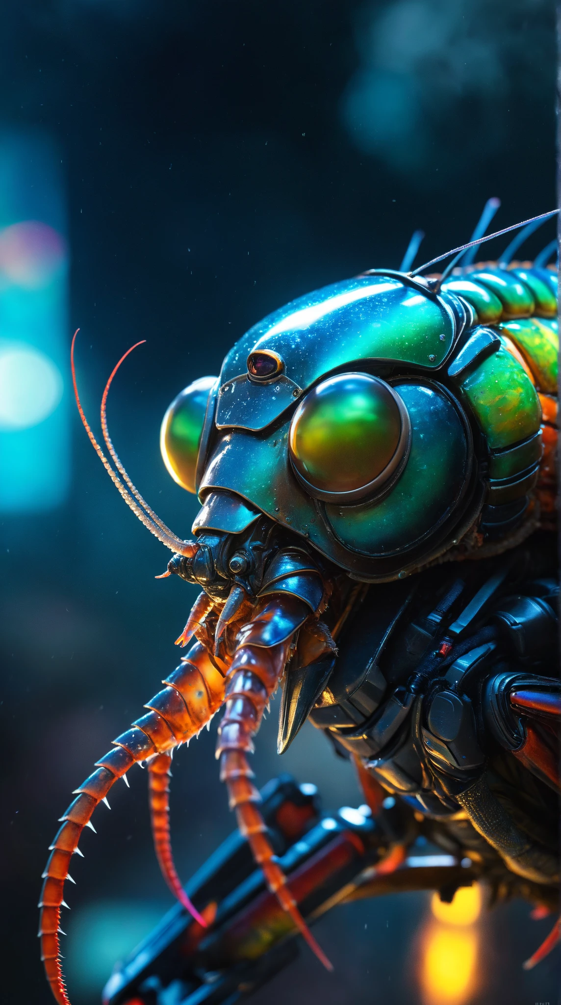 hyper-realistic, ultra-intricate, detailed soft painting of a sci-fi mantis shrimp, from the waist up, futuristic cyberpunk helmet, symmetry features, sensual gloomy atmosphere, volumetric dark clouds, burning neon-lit skyscraper background, ArtStation inspired, Unreal Engine render, depth of field, atmospheric lens flares, Ian McQue, Ash Thorp, Simon Stalenhag style, gritty, high-contrast, detailed metallic textures, glowing blue accents, dynamic lighting, misty fog, sharp focus on mantis shrimp, subtle blur on background, cinematic composition