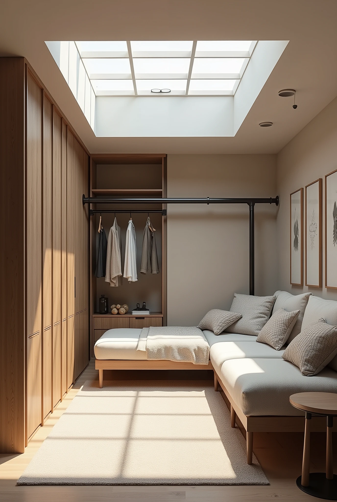 There is a bed and a couch in a room with a skylight - SeaArt AI