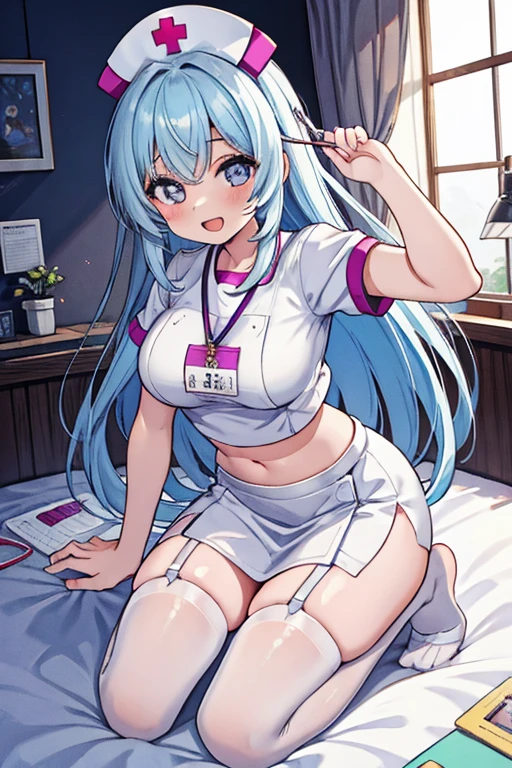 NSFW,masterpiece,Highest quality,High resolution,Super detailed,Shirakami Fubuki\(Hololive\),Gray Hair、One-sided braid、Ahoge、Earrings,Fox ears,Fox tail,Small breasts,nurse,Pink Nurse Uniform,Nurse cap,Stethoscope,Embarrassed,blush,Expecting face,Feeling face,Sexy look,Hospital at night,Examination room,desk,pc,Chair,(Seduce),Cleavage,examine,Chairに座っている,Leg spread,Rub your own breasts,Masturbation