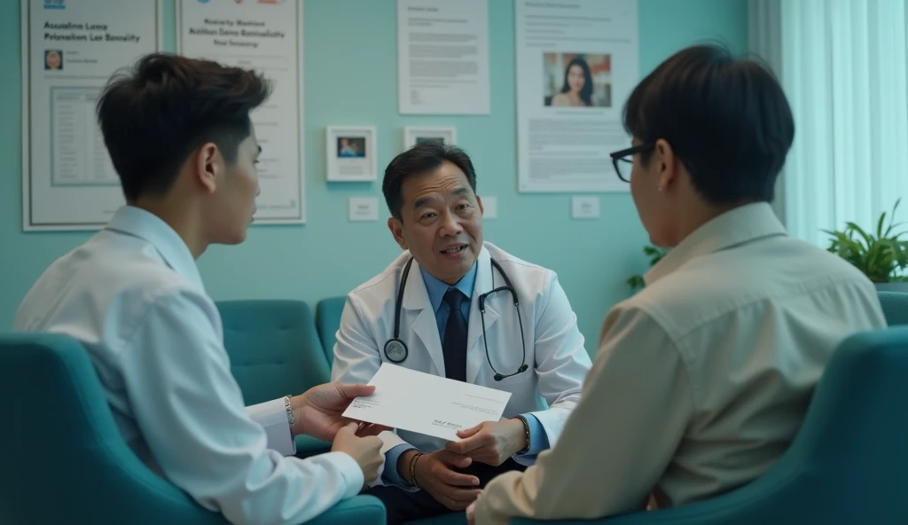 A couple of doctors, both with black hair, stethoscope on the neck, white lab coat