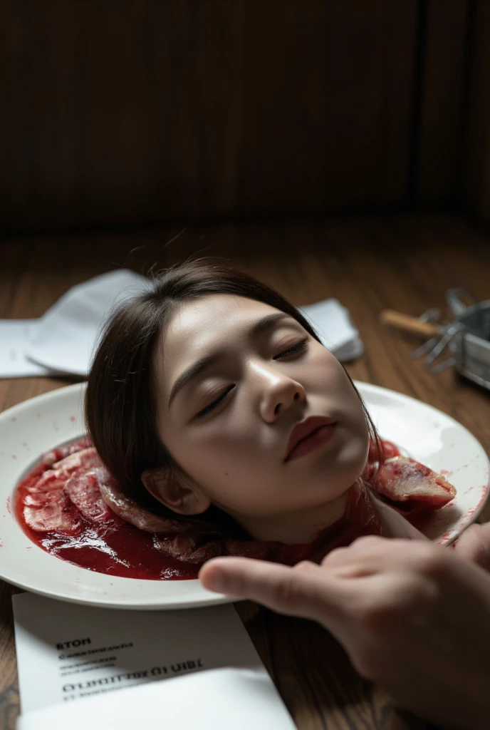   place the head of a decapitated woman , Asia,  Less blood stains   , ((  with eyes closed )),   like a dish on a plate  , Bloody,  actual , 4K, Nikon, fear