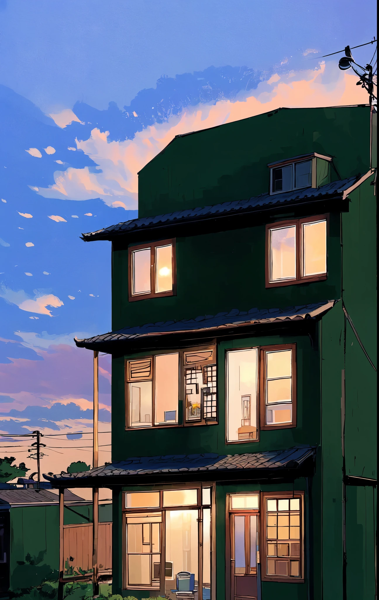 tree, no human, sight, Outdoor, sky, cloud, 1-story building, sign, house, window, plant, 흐린 sky, bush, sunset