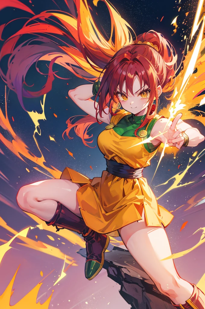 Magic, female, fire, mage, yellow clothes, midriff-baring, miniskirt, brown hair, smiling, Western library, low angle