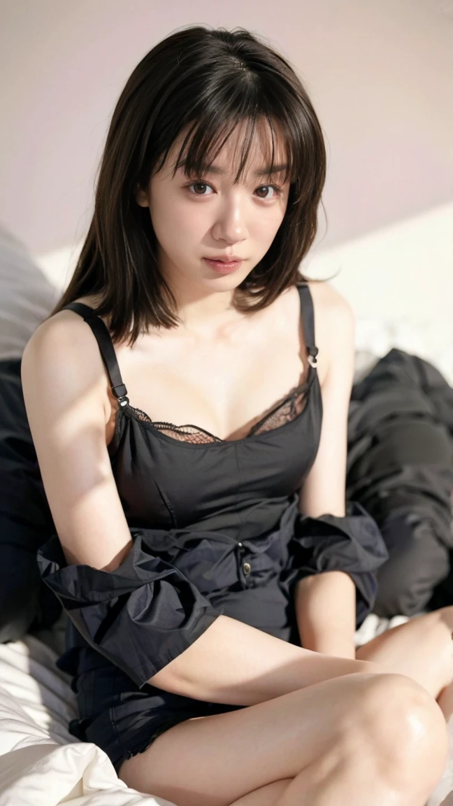 Beautiful woman looking at camera, Detailed photo of a petite person wearing a sexy maid outfit, (slim, Small, Flat:1.2), Sexy Pose, Wet body, soaked, Sexy Pose, Wet body, soaked, Kneeling, From above, slender, Delicate and sexy collarbone, On all fours, Upper horn: 1.5, Sadness look, A 40-year-old woman, A dark-haired、Medium Short、Costumes without shoulder straps, ((thick white liquid on the body)), ((Very sweaty)) ((Soaking wet body)) ((Wet thighs)), ((spreading thigh)), (thick white liquid dripping from body))),Opening legs、crotch open、Black pantyhose、on the bed、