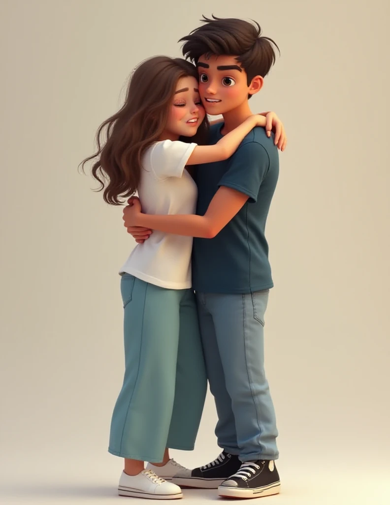 Create two scared characters hugging each other (Tight hug ) and expressing goodbye and fear on their faces. The first character is Julia, a young woman (18 years old), western, arcana,  fair skin , 1.68m,  long wavy light brown hair , eyes closed with fear , feminine and youthful aura , with sky blue long pants, white short sleeve t-shirt and white sneakers.  Apply the essence of the name to her and convey the feeling of a fair woman,  intelligent and brave .  The features are well defined and feminine . she is serious.
The second character is a young MAN, 18 years old, pele morena,  short wavy dark brown hair ,  dark brown eyes , 1.80m, Aura masculine and young , with jeans, indigo blue short sleeve t-shirt and black sneakers.  Apply the essence of the name to him and convey the feeling of a just man ,  intelligent and brave .  The features are well defined and masculine . He is serious.

MAKE IT SUPER REALISTIC SO THEY LOOK LIKE REAL PEOPLE.
It can't seem like animation