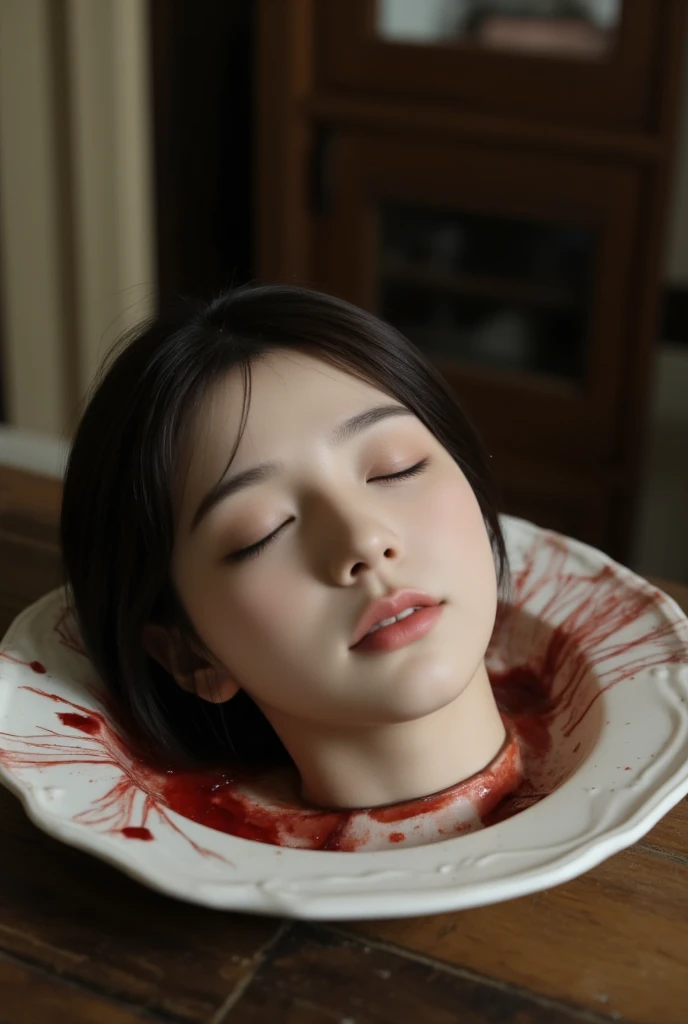   place the head of a decapitated woman , Asia,  Less blood stains   , ((  with eyes closed )),   like a dish on a plate  , Bloody,  actual , 4K, Nikon, fear