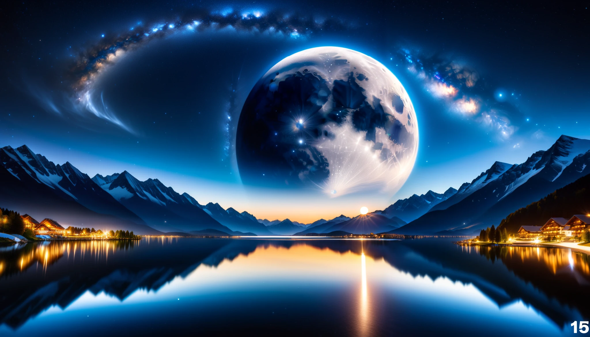 ( Huge Blue Moon ), super high image quality, high definition , High Quality ,Spectacular views,Night Sky,（Milky Way Galaxy）,The Alps,The giant moon and stars moving to the lake々,