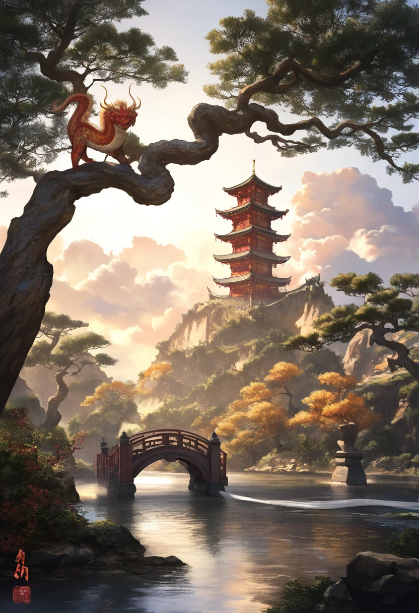 (best quality,4k,8k,highres,masterpiece:1.2),ultra-detailed,(realistic,photorealistic,photo-realistic:1.37),Chinese style,ink painting,guochao,traditional Chinese elements,ancient Chinese architecture,dragon patterns,cloud motifs,scroll design,watercolor texture,detailed brushstrokes,red and gold colors,soft lighting,harmonious composition,serene atmosphere,landscape,ancient trees,flowing river,stone bridge,traditional clothing,embroidered robes,graceful posture,peaceful expression,oriental aesthetics,ethereal beauty,calm and tranquil,subtle gradients,delicate details,refined elegance,classic charm,cultural heritage,artistic refinement,traditional craftsmanship,modern interpretation,contemporary twist,ancient meets modern,traditional with a twist,East meets West,harmony and balance,spiritual essence,zen-like tranquility,atmospheric depth,rich cultural symbolism,visual storytelling,immersive experience,deep connection to nature,serenity and peace,meditative state,tranquil reflection,spiritual journey,harmonious coexistence,ancient wisdom,contemporary relevance,traditional values,modern sensibilities,beautifully composed,meticulously crafted,visually stunning,artistically inspiring