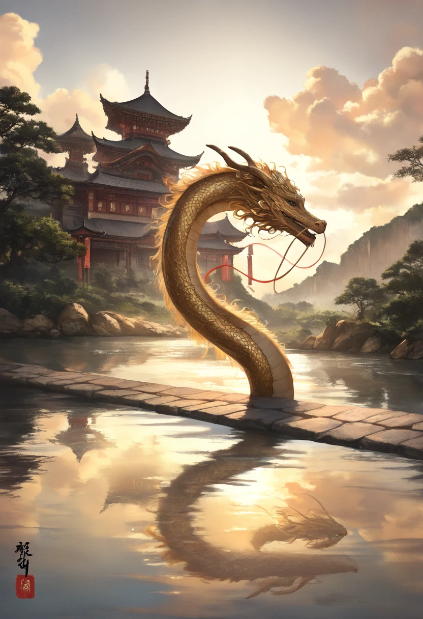 In an ancient and mysterious courtyard, a golden dragon hovers in the air, surrounded by auspicious clouds and halos. The dragon's eyes reveal wisdom and power, and its scales sparkle in the sun. The ancient buildings and plants in the courtyard appear particularly quiet, as if telling a thousand-year-old story. The whole picture is full of fantasy, which makes people intoxicated.