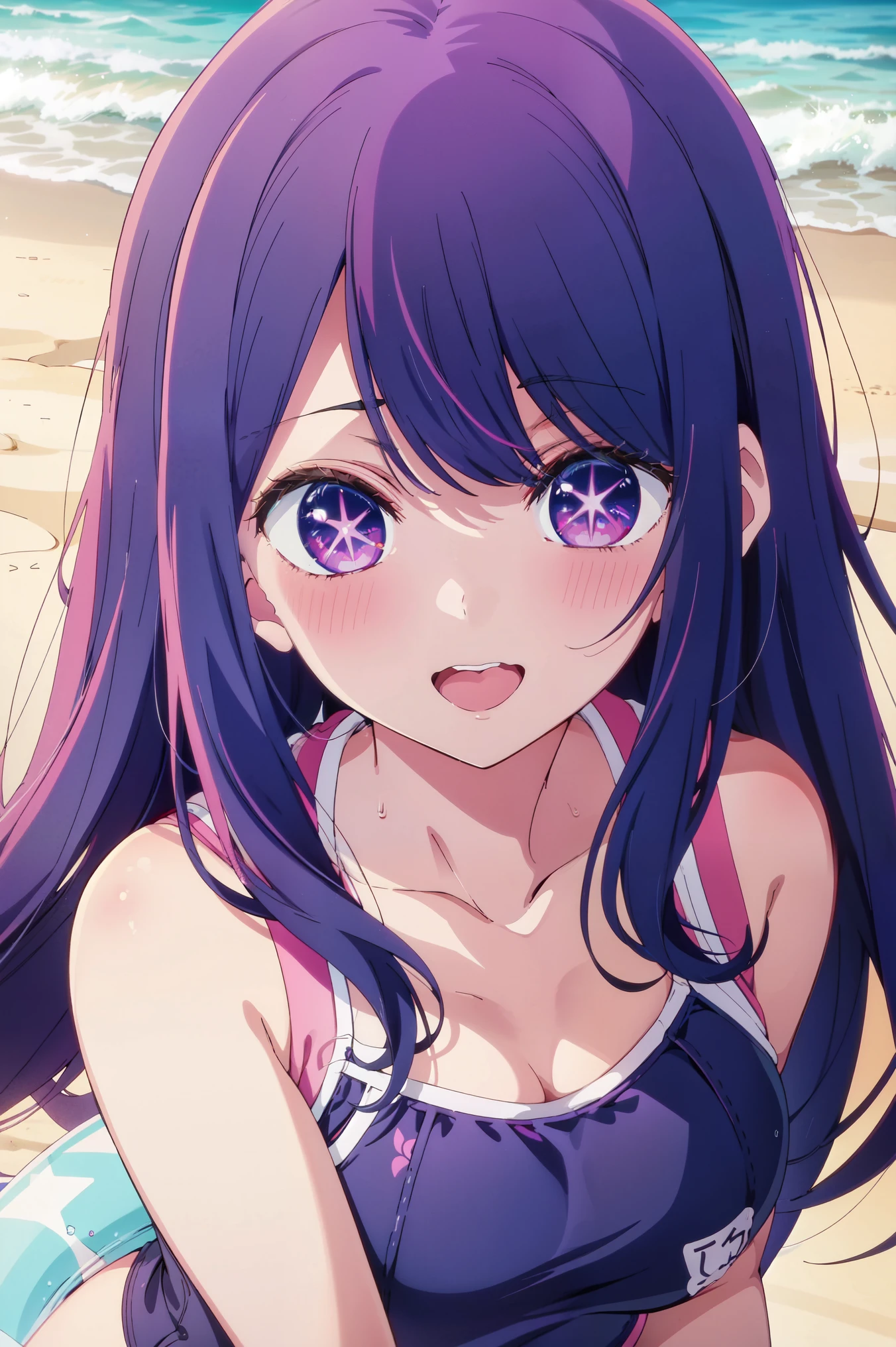 Anime girl with long hair and purple eyes, a picture inspired by Puru, Tumbler, conceptual art, Anime Best Girl, anime moe art style, クローズアップiwakura lain, Anime visuals of cute girls, Anime girl named Lucy, iwakura lain, Still from TV anime, anime still image, (Anime Girl)、(((the beach)))、A smile、Open your mouth、Ai Hoshino、(((The bikini)))