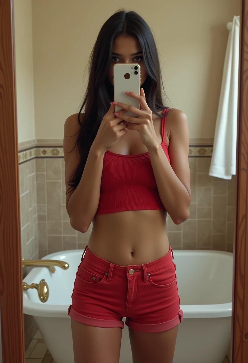 (Photorealism:1.5)indian teen girl,brown body,average body proportion,girl taking selfie in mirror through phone,mirror selfie,iphone 15,phone hides face and eyes,long straight hair,standing pose,front facing shot,standing shy,whole background covered by black wardrobe,black wardrobe without any design,sides of mirror not visible,loose white panty,legs crossed,room very dark,phone hides face,phone hides eyes,small breasts,topless,hair hides nippples,semi-folded maroon tshirt on one hand